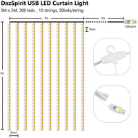 Indoor/Outdoor LED Waterproof USB Fairy Bedroom Curtain Lighting 300 LED Remote
