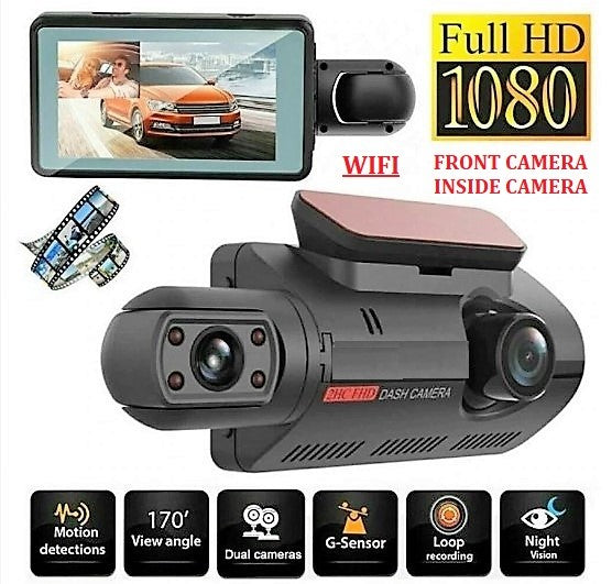 Front, Inside Dual Lens In Built WIFI Dash Cam Car DVR Front And Inside Camera Video Driving Recorder Parking Monitor Night Vision G-Sensor 1080P